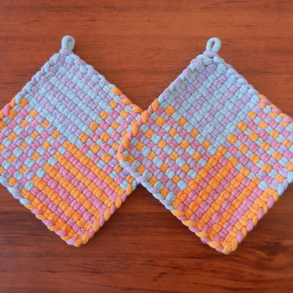 Set of 2 Handmade Artisan Cotton Woven Loomed Easter Potholders Hot Pads Trivets